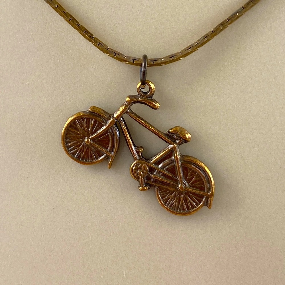 Host Pick!  Bicycle Pendant Necklace, Handmade, Retro 70s, Antique Brass 18"